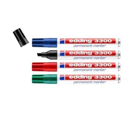Image of edding 3300 permanent marker black, red, blue, green 4 pens chisel nib 1 5 mm quick drying markers waterproof, smudge proof for cardboard, plastic, wood, metal, fabric