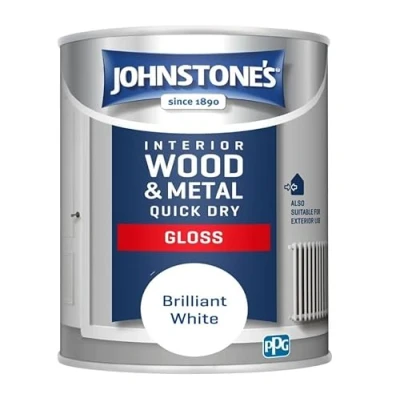 Image of Johnstone&#039;s Quick Dry Gloss Brilliant White Finish Water Based Interior Wood &amp; Metal Radiator Paint Low Odour in 1 2 Hours 8m2 Coverage per Litre 0.75 L