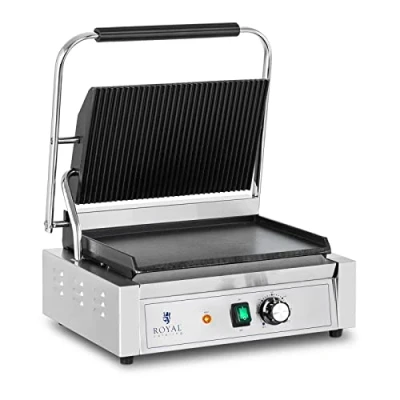 Image of Royal Catering RCPKG 2200 M Contact Grill Ribbed + Flat 2,200 W Panini Sandwich Press (Stainless Steel, Cast Iron, Plate 33 x 22 cm)