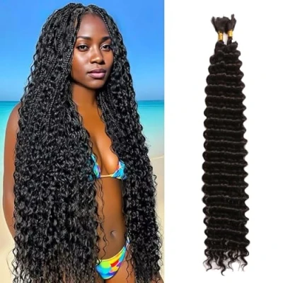 Image of 24 Inch Curly Braiding Hair Deep Water Wave Boho for No Weft Wet and Wavy Extensions Black Women (1B#, Inch(50g/Bundle x2))