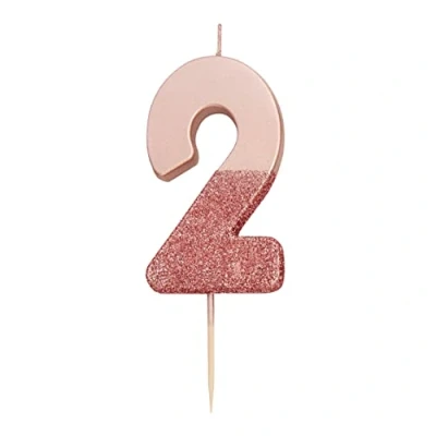 Image of Talking Tables Rose Gold Glitter Number 2 Candle Premium Quality Cake Topper Decoration Pretty, Sparkly for Kids, Adults, 21st Birthday Party, Anniversary, Milestone, RoseGold2