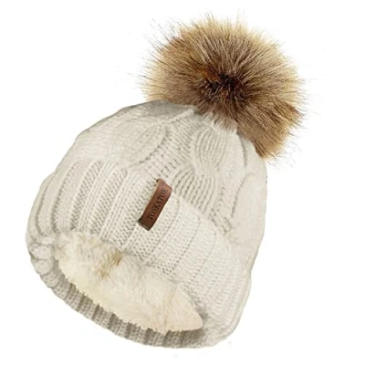 Image of TOSKATOK Ladies Chunky Soft Cable Knit Hat with Cosy Fleece Liner and Detachable Faux Fur Pompom Natural
