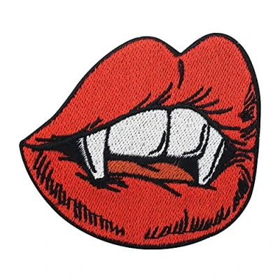 Image of Vampire Teeth Kiss Mouth Iron On Patch Halloween Embroidery Patch, Ironable Bat Badges Finally Home