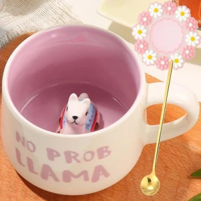 Image of Arawat Cute Alpaca Coffe Mug with Inside Print Stuff Mugs Spoon 12 Oz Tea Cups Ceramic Cup Funny Coffee Birthday Gift for Women Friends Alpacas Lover