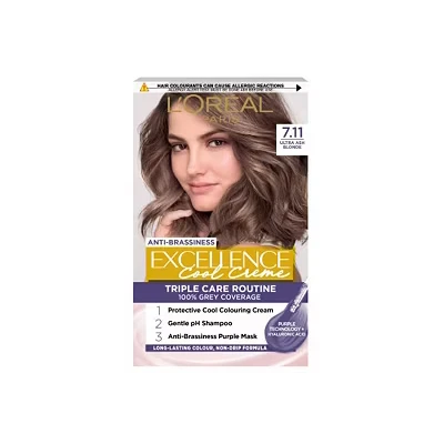 Image of L&#039;Oréal Paris Excellence Cool Crème Permanent Hair Dye, Radiant At Home Colour with Up to 100% Grey Coverage, Pro Keratin, 8 Weeks of Colour, Colour: 7.11 Ultimate Ash Blond