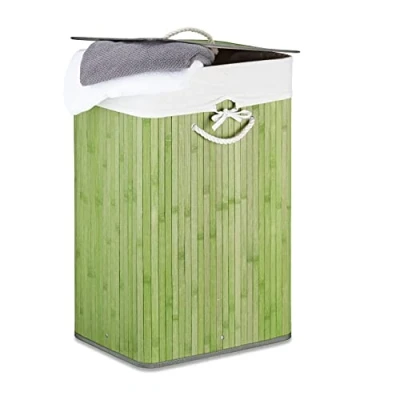 Image of Relaxdays Bamboo Square Hamper, 65.5 x 43.5 33.5 cm, Folding Laundry Basket, 83L, Rectangular, Green, cm