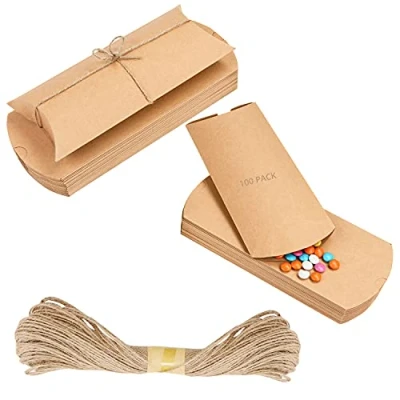 Image of Belle Vous Brown Kraft Paper Pillow Favour Boxes with Twine (100 Pack) Vintage Style Candy Treat for Wedding, Birthday Party, Christmas, Baby Shower and Gifts