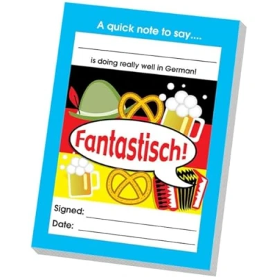 Image of SuperStickers German Reward Praise A6 Note Pad for Teachers &#039;Fantastisch!&#039;. 60 sheets
