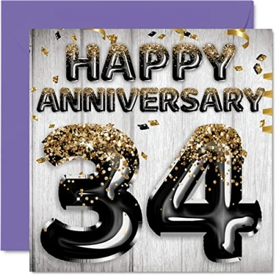 Image of Awesome 34th Anniversary Card for Husband Boyfriend Wife Girlfriend Black Gold Glitter Balloons Happy 34 Cards from Family, 145mm x Greeting Thirty Fourth Anniversaries