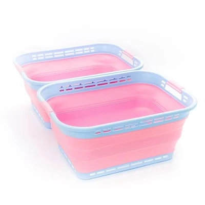 Image of SAMMART 42L Collapsible Plastic Laundry Basket Foldable Pop Up Storage Container/Organizer Portable Washing Tub Space Saving Hamper/Basket (Cool Blue/Maglia Rosa (Set of 2))