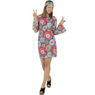 Image of Funidelia 60S Hippie Costume for woman 60s, Hippie, Flower power, Decades adults accessory fancy dress &amp; props Halloween, carnival parties Size XXL Yellow