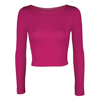 Image of Candid Styles Womens Crop Long Sleeve T Shirt Ladies Short Plain Round Neck Top 8 14, (12 Cerise)