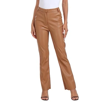Image of HDE Women&#039;s Faux Leather Pants High Waisted Straight Leg Trousers with Pockets, Camel Brown, Large