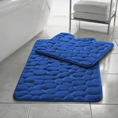 Image of Homespace Direct Memory Foam Bath Mat / Toilet Set Pebbles Non Slip Blue