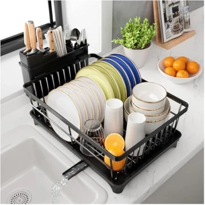 Image of PurKeep Dish Drainer Rack Space Saving with Utensil Holder for Kitchen Counter, Large Capacity Drying Draining Board, Black