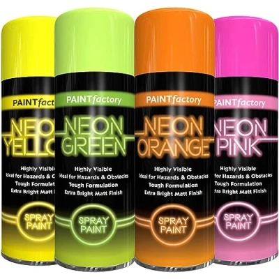 Image of 4 Mix Cans Fluorescent Neon Spray Paint Multipurpose Aerosol DIY Graffiti (Banksey) N0 CFCs Extra Bright Assorted Colours Green Orange Pink Yellow 400ml A17