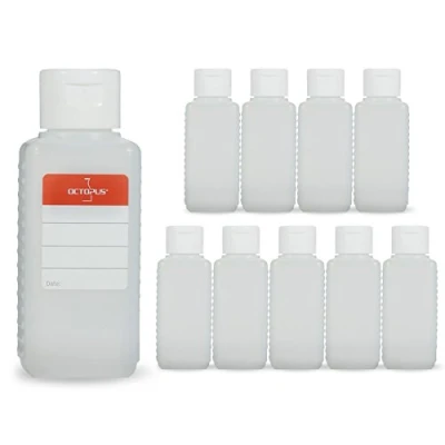 Image of Octopus 10x 100 ml plastic bottles, HDPE bottles with white flip top cap, empty hinged square incl. labels
