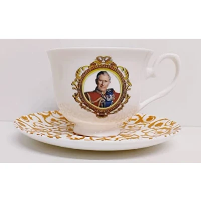 Image of HM King Charles III Cup &amp; Saucer York Fine Bone China Coronation Commemorative Collectors Set Hand Decorated UK