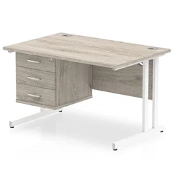 Image of Impulse 1200 Rectangle White Cant Leg Desk Grey Oak 1 x 3 Drawer Fixed
