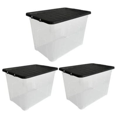 Image of Aspect Pack of 3 Transparent Plastic Storage Bins with Lids Sturdy Design for Stackable Organization Ideal Home &amp; Accessory Versatile and Functional Solutions (Black, 50 Litres)