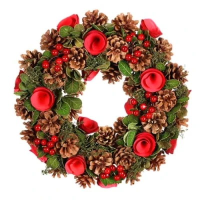 Image of Front Door Wreath Pine Cone and Red Rose Hanging Winter Garland Decoration