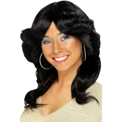 Image of Smiffys 70s Flick Wig, Black Long, Wavy and Layered, 1970&#039;s Disco Fancy Dress, 1970s Dress Up Wigs