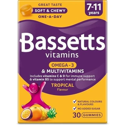 Image of Bassetts Vitamins Omega 3 &amp; Multivitamins Tropical Flavour 7 11 Years, 30 tablets