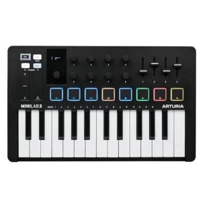 Image of Arturia MiniLab 3 Universal MIDI Controller for Music Production, with All in One Software Package 25 Keys, 8 Multi Color Pads Black