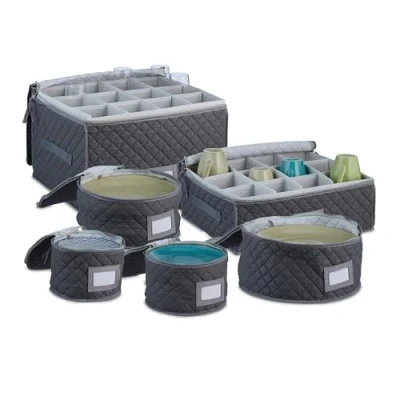 Image of Relaxdays Crockery Storage Box, Set of 6 Pieces, Padded, Holds 12 Plates, Glasses and Cups Each, for Moving, Grey, Steel, 58 x 66 38 cm