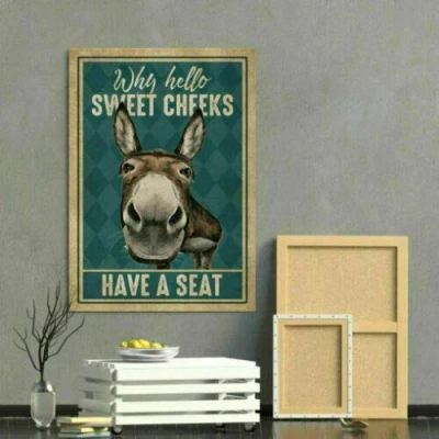 Image of Donkey Why Hello Sweet Cheeks Have A Seat Funny Poster Wall Art Decor Metal Sign 8x12 inches