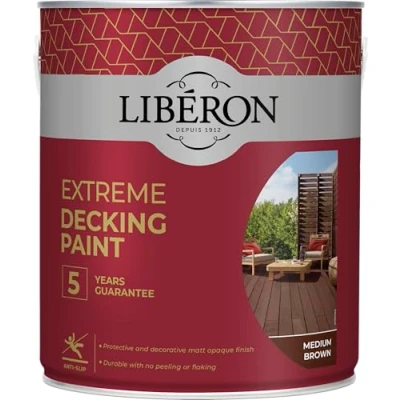 Image of Homecare Essentials Liberon Extreme Decking Paint 2.5 Litre Protective and decorative matt opaque finish. Durable with no peeling or flaking (Medium Brown)