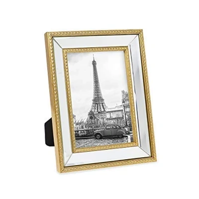 Image of Isaac Jacobs 5x7 Gold Mirror Bead Picture Frame Classic Mirrored with Dotted Border Made for Wall Display, Tabletop, Photo Gallery and Art (5x7, Gold)