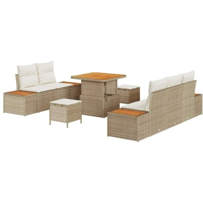 Image of vidaXL 8 Piece Garden Sofa Set with Cushions Beige Poly Rattan Acacia