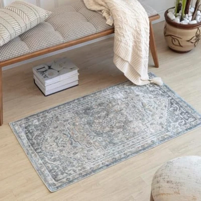 Image of Surya Sitra Machine Washable Rug Vintage Runner Rugs Living Room, Kitchen, Outdoor, Hallway Traditional Boho Style Large Flatweave 66x115cm Ivory