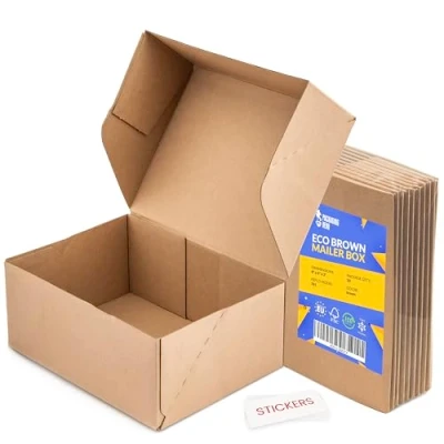 Image of Packaging Hero 10&quot; x 8&quot; 4&quot; Corrugated Cardboard Mailing boxes, shipping gift e commerce boxes with free clear round stickers (Pack of 10)