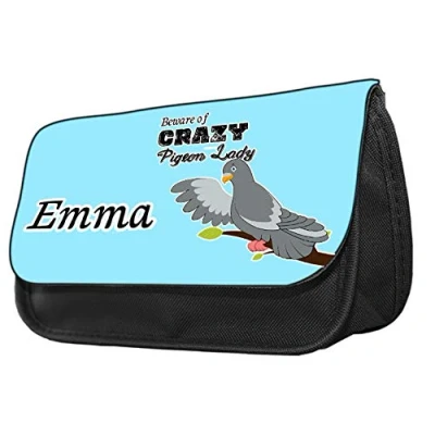 Image of Personalised Beware of Crazy Pigeon Lady Themed Funny Pencil Case. Make up case, Back to School Gift.