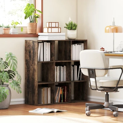 Image of HOMCOM 3 Tier Bookshelf, Modern Cube Bookcase with 9 Open Storage Compartments, Freestanding Display Unit for Living Room, Bedroom, Study, Rustic Brown