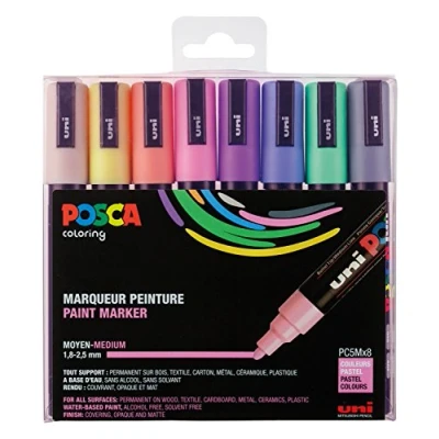 Image of Uni ball Posca marker pens with medium fine round tips, pack of 8, pastel colours, 182518