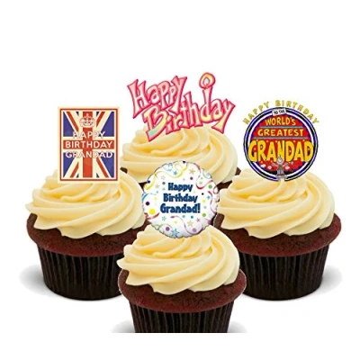 Image of Made4You Happy Birthday Grandad, Whisky Lover Edible Cake Decorations Stand up Wafer Cupcake Toppers (Pack of 12)