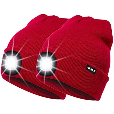 Image of ATNKE 2Pcs New Warm LED Lighted Beanie Cap Unisex USB Rechargeable Running Hat Ultra Bright 4 Waterproof Light Lamp Multi color/Red