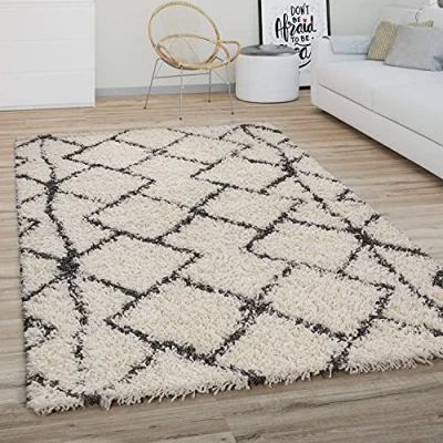 Image of Shaggy Large Rug High Pile Long Modern Boho Scandi Diamond Pattern, Size:80x150 cm, Colour:Cream Anthracite 2