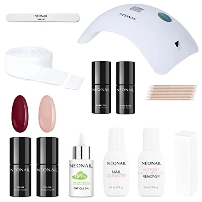 Image of NEONAIL Starter Set with LED Lamp 2x Nail Polish Burgundy Beige Base Top Cleaner