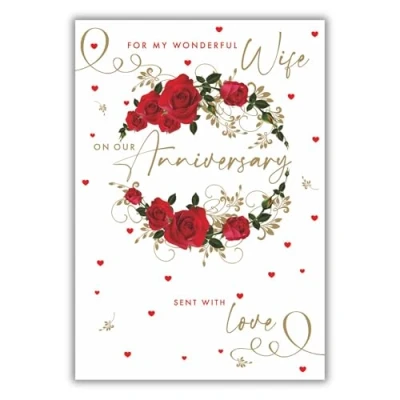 Image of Nigel Quiney Wonderful Wife Anniversary Card Red Rose Wreath with Foil Details Eco Friendly and Recyclable