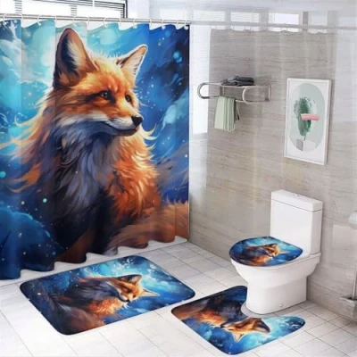 Image of FOCCAR 4Pcs Watercolor Fox Shower Curtain Sets with Non Slip Rugs, Toilet Lid Cover And U Shape Bath Mat, Red Nature Animal Abstract Fantasy Bathroom Waterproof Curtains 12 Hooks