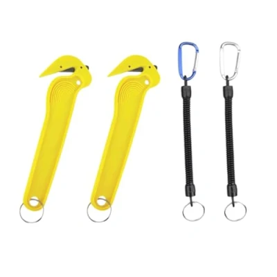 Image of Yellow Box Cutter 2 Pack with Coil Key Chains, Cardboard Cutter, Warehouse, Opener, Spiral Keychain, Chain, Stretchy Keyring Clip, Ring Chain