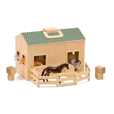 Image of Melissa &amp; Doug Wooden Fold Go Stable Toy Gift Presents Farm and Pretend Play Sets 3+ for Boy or Girl, Wood Color