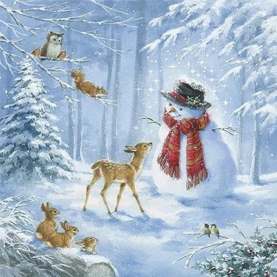Image of 20 Napkins Christmas Animals Playing with Snowman as Table Decoration Paper Motif Also for Decoupage and 33 x cm