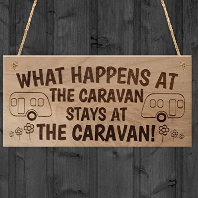 Image of Red Ocean What Happens In The Caravan Stays Funny Plaque Wooden Hanging Sign Camping