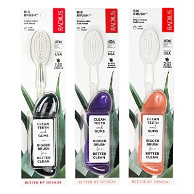 Image of Radius Toothbrush Big Brush, Left Hand 3 Pack in Assorted Colors, BPA Free and ADA Accepted, Designed to Improve Gum Health Reduce The Risk of Disease