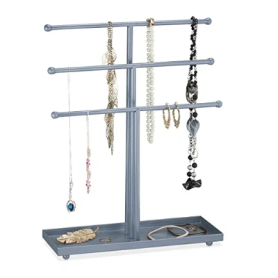 Image of Relaxdays Jewellery Stand, T shaped, 3 Levels for Chains, with Shelf, H x W D: 40 31 11 cm, Silver, Iron